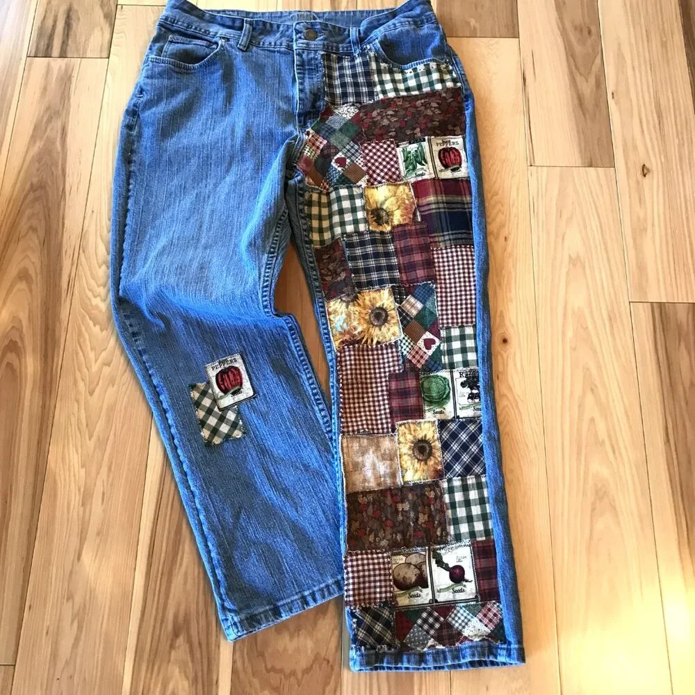 Upcycled Patchwork Jeans, Spring Garden Sunflower Plaid Patches Reworked Sz 16P